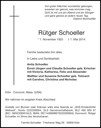 Traueranzeige von Rütger Schoeller von Aachener Zeitung / Aachener Nachrichten