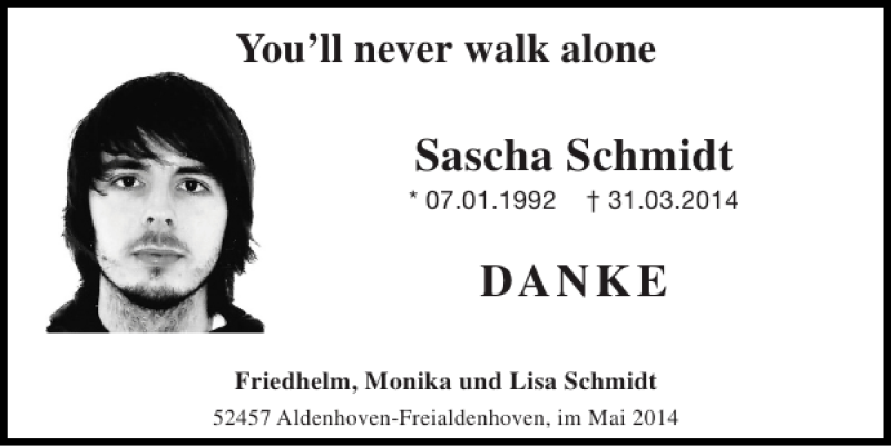  Traueranzeige für Sascha Schmidt vom 11.05.2014 aus Super Sonntag / Super Mittwoch