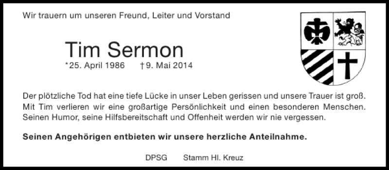  Traueranzeige für Tim Sermon vom 26.05.2014 aus Aachener Zeitung / Aachener Nachrichten
