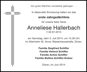 Traueranzeige von Anneliese Hallerbach von Super Sonntag / Super Mittwoch