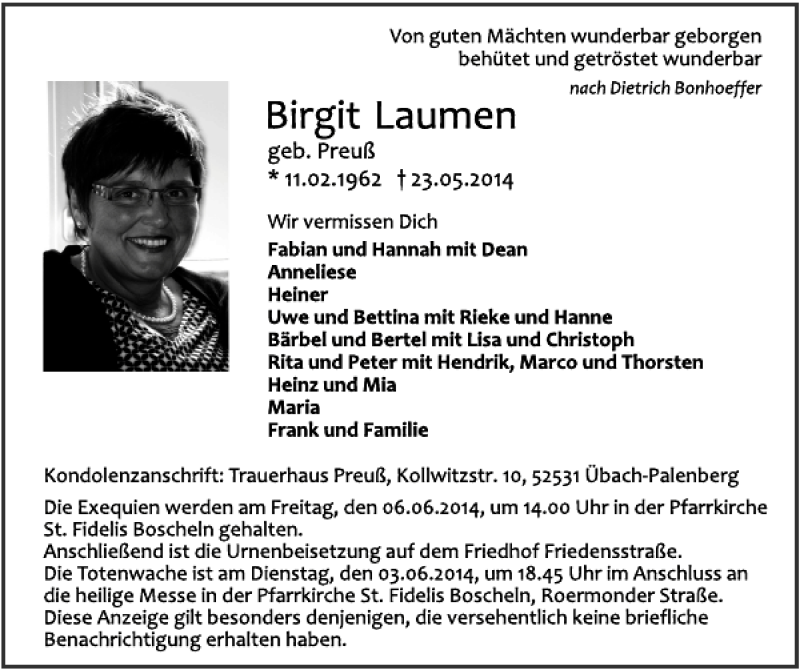  Traueranzeige für Birgit Laumen vom 01.06.2014 aus Super Sonntag / Super Mittwoch