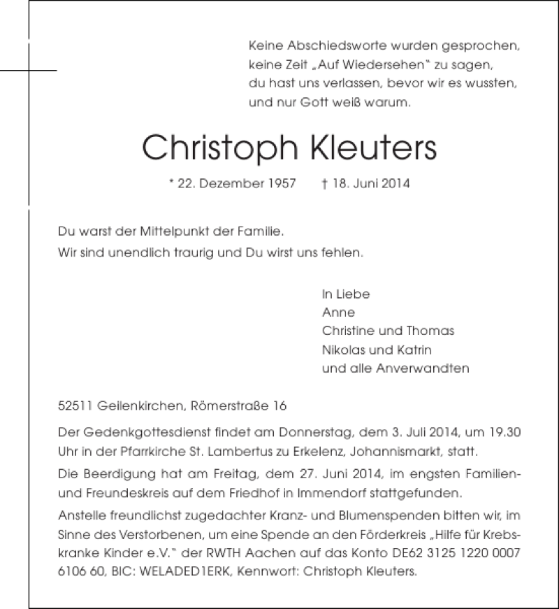  Traueranzeige für Christoph Kleuters vom 28.06.2014 aus Aachener Zeitung / Aachener Nachrichten