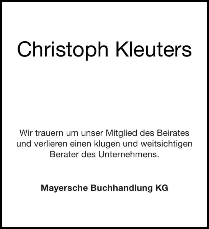  Traueranzeige für Christoph Kleuters vom 28.06.2014 aus Aachener Zeitung / Aachener Nachrichten