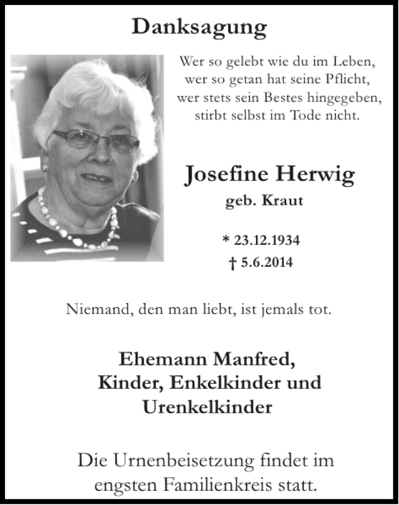 Traueranzeigen von Danksagung Josefine Herwig | Aachen gedenkt