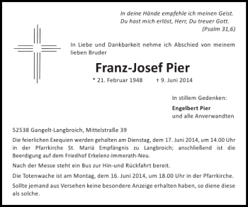 Traueranzeige von Franz-Josef Pier von Super Sonntag / Super Mittwoch