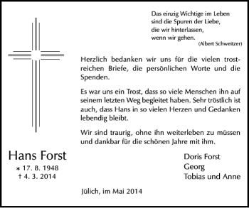 Traueranzeige von Hans Forst von Super Sonntag / Super Mittwoch