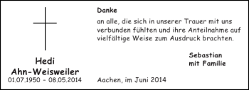 Traueranzeige von HediAhn-Weisweiler  von Aachener Zeitung / Aachener Nachrichten