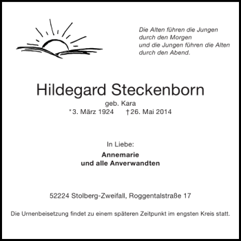 Traueranzeige von Hildegard Steckenborn von Super Sonntag / Super Mittwoch