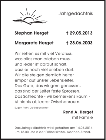 Traueranzeige von Jahrgedächtnis Stephan Herget Margarete Herget von Aachener Zeitung / Aachener Nachrichten