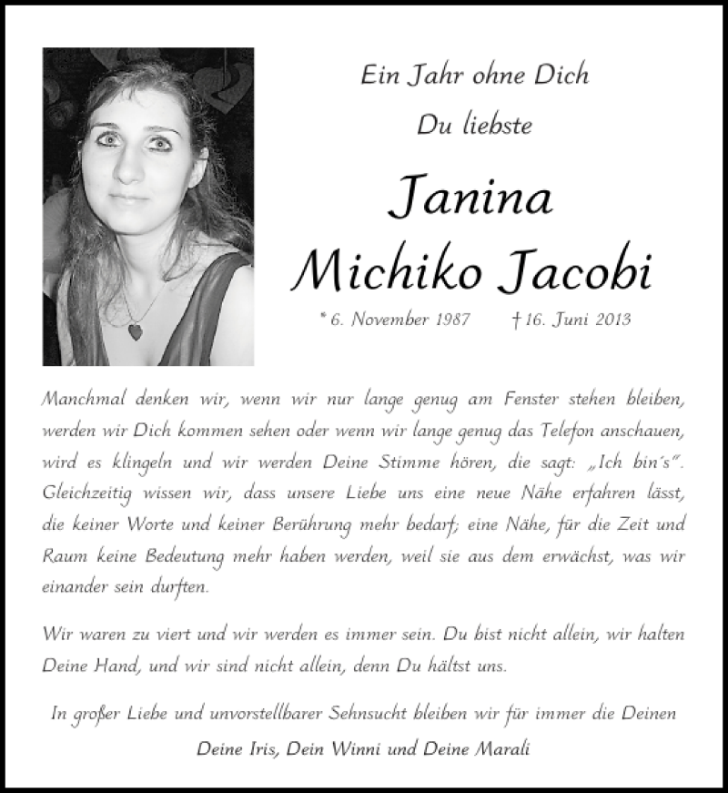  Traueranzeige für Janina Michiko Jacobi vom 14.06.2014 aus Aachener Zeitung / Aachener Nachrichten