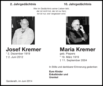 Traueranzeige von Josef Kremer Maria Kremer von Super Sonntag / Super Mittwoch
