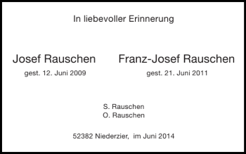 Traueranzeige von Josef RauschenFranz-Josef Rauschen von Super Sonntag / Super Mittwoch