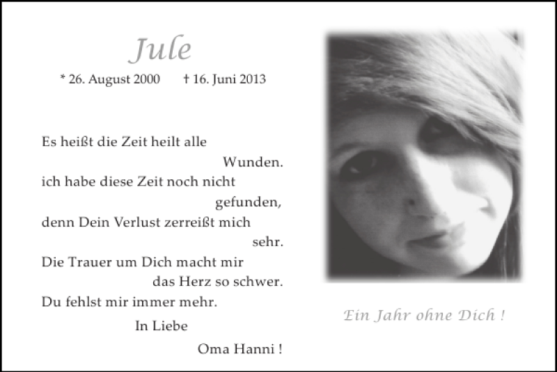  Traueranzeige für Jule  vom 15.06.2014 aus Super Sonntag / Super Mittwoch