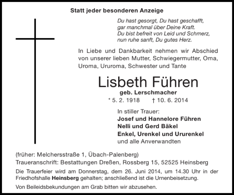 Traueranzeige für Lisbeth Führen vom 22.06.2014 aus Super Sonntag / Super Mittwoch