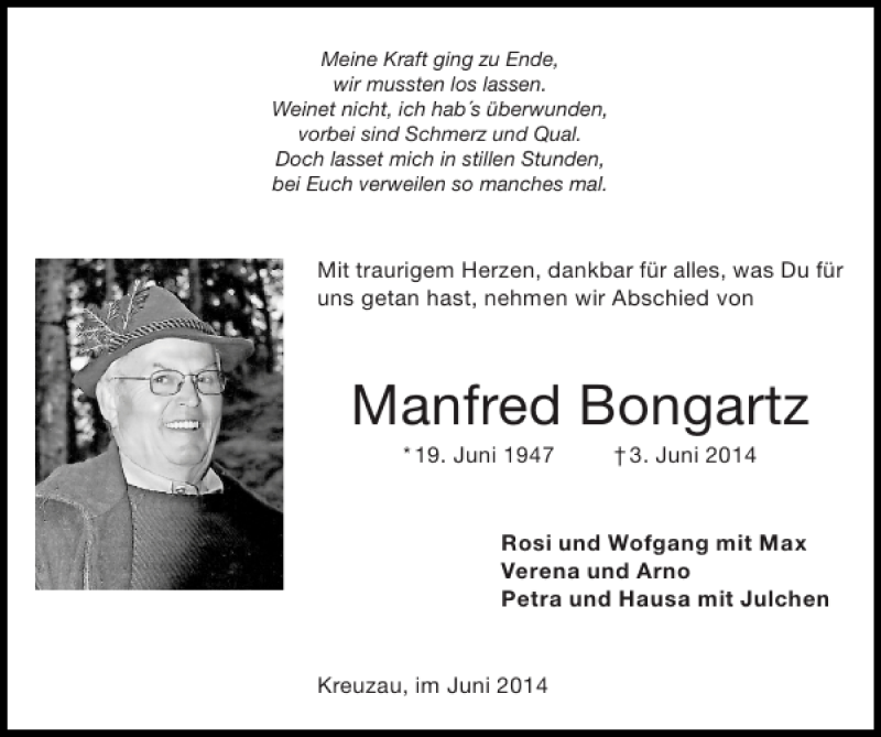  Traueranzeige für Manfred Bongartz vom 15.06.2014 aus Super Sonntag / Super Mittwoch