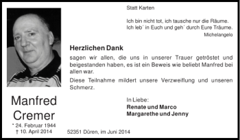 Traueranzeige von Manfred Cremer von Super Sonntag / Super Mittwoch