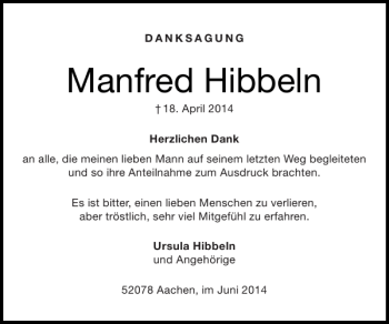 Traueranzeige von Manfred Hibbeln von Super Sonntag / Super Mittwoch