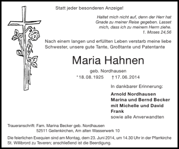 Traueranzeige von Maria Hahnen von Super Sonntag / Super Mittwoch