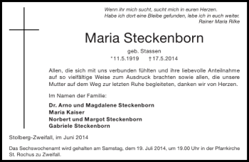 Traueranzeige von Maria Steckenborn von Aachener Zeitung / Aachener Nachrichten