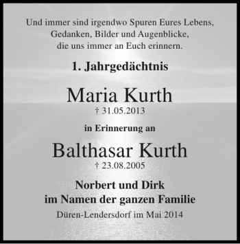 Traueranzeige von Maria Kurth Balthasar Kurth von Super Sonntag / Super Mittwoch