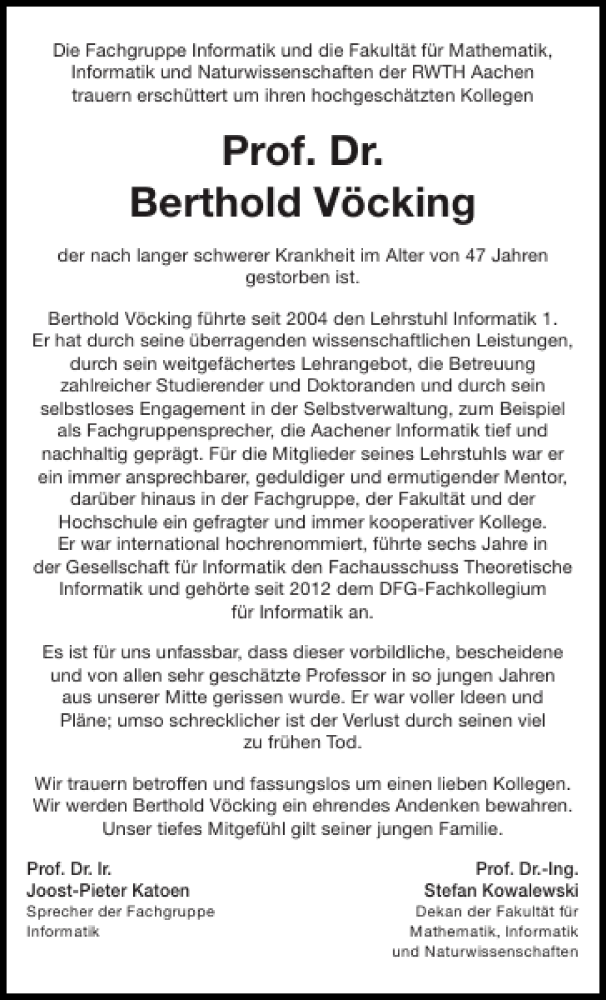  Traueranzeige für Prof. Dr. Berthold Vöcking vom 14.06.2014 aus Aachener Zeitung / Aachener Nachrichten