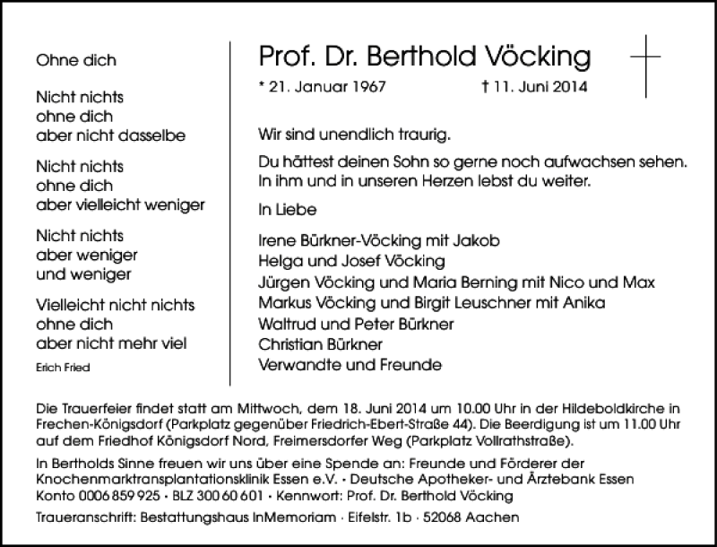  Traueranzeige für Prof. Dr. Berthold Vöcking vom 14.06.2014 aus Aachener Zeitung / Aachener Nachrichten