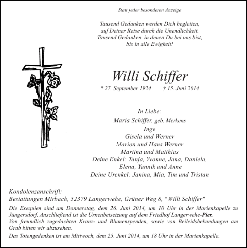  Traueranzeige für Willi Schiffer vom 22.06.2014 aus Super Sonntag / Super Mittwoch