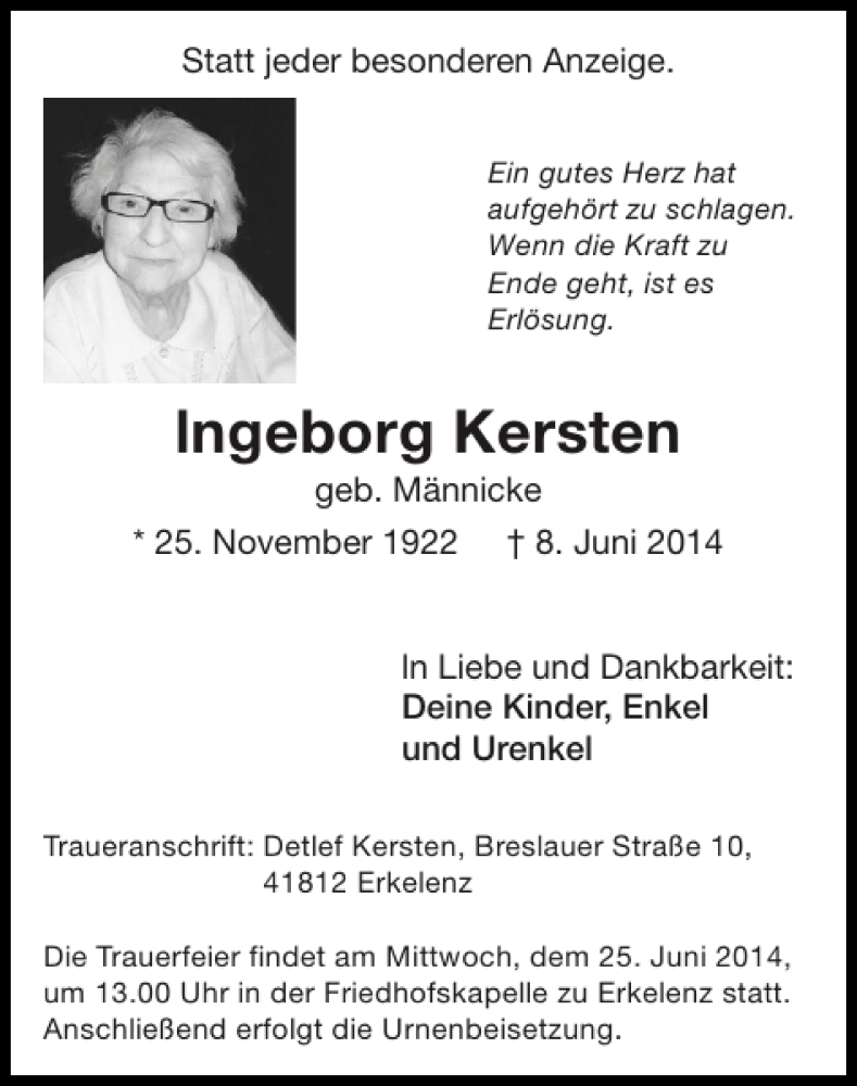  Traueranzeige für lngeborg Kersten vom 15.06.2014 aus Super Sonntag / Super Mittwoch