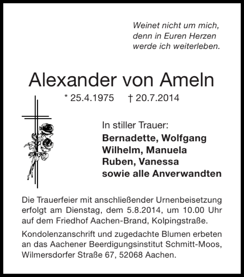 Traueranzeige für Alexander von Ameln vom 27.07.2014 aus Super Sonntag / Super Mittwoch