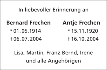 Traueranzeige von Bernard Frechen Antje Frechen von Aachener Zeitung / Aachener Nachrichten