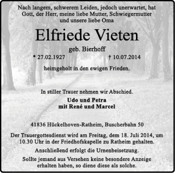 Traueranzeige von Elfriede V Elfriede Vieten ieten von Aachener Zeitung / Aachener Nachrichten