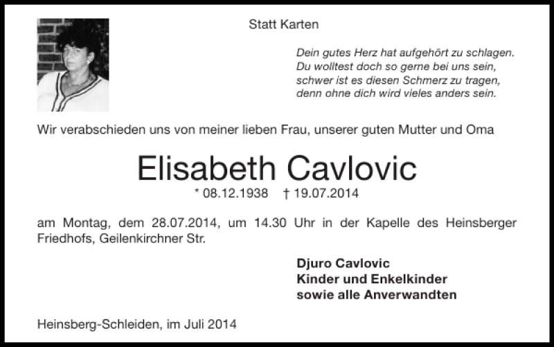  Traueranzeige für Elisabeth Cavlovic vom 27.07.2014 aus Super Sonntag / Super Mittwoch