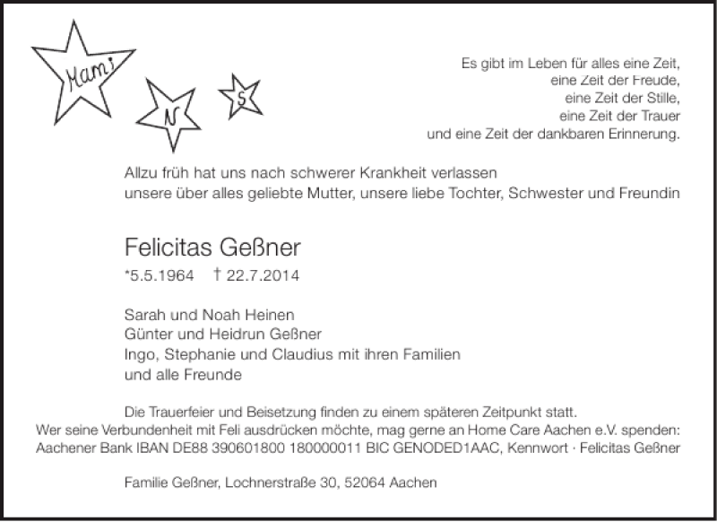  Traueranzeige für Felicitas Geßner vom 30.07.2014 aus Aachener Zeitung / Aachener Nachrichten