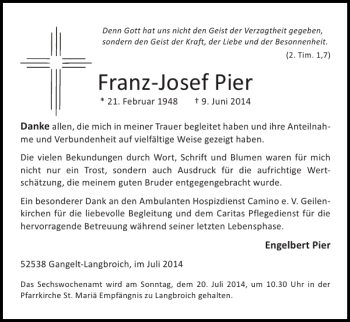 Traueranzeige von Franz-Josef Pier von Super Sonntag / Super Mittwoch