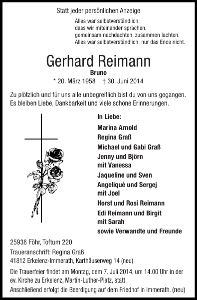  Traueranzeige für Gerhard Reimann vom 06.07.2014 aus Super Sonntag / Super Mittwoch