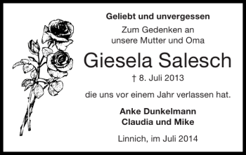 Traueranzeige von Giesela Salesch von Super Sonntag / Super Mittwoch