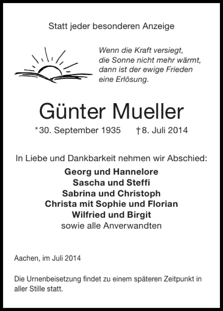  Traueranzeige für Günter Mueller vom 13.07.2014 aus Super Sonntag / Super Mittwoch