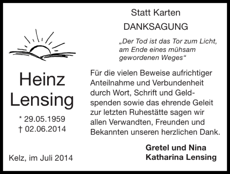  Traueranzeige für Heinz Lensing vom 13.07.2014 aus Super Sonntag / Super Mittwoch