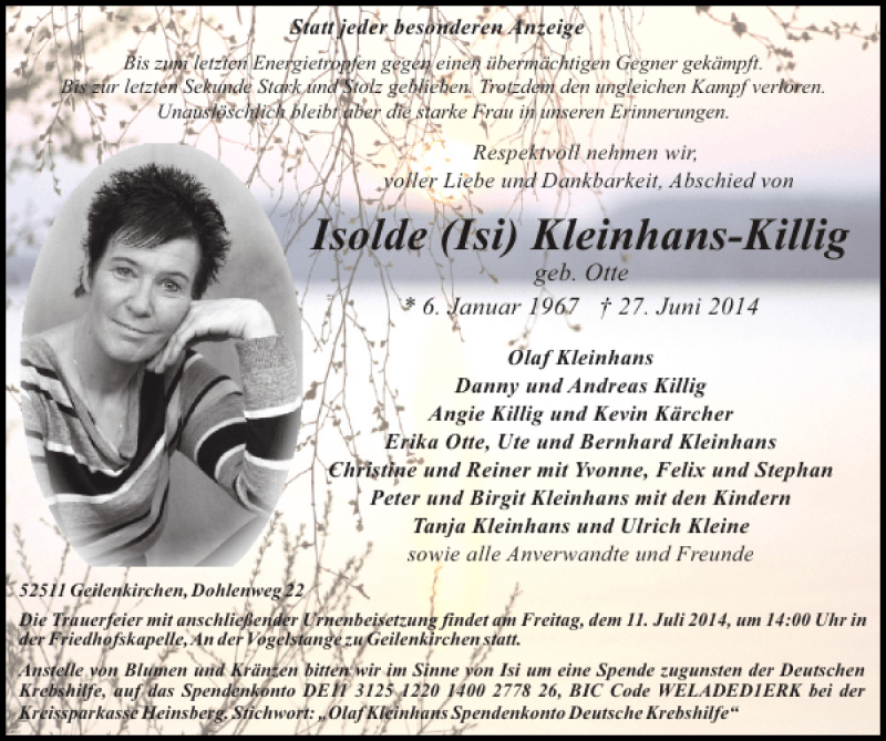  Traueranzeige für Isolde Isi Kleinhans-Killig vom 06.07.2014 aus Super Sonntag / Super Mittwoch