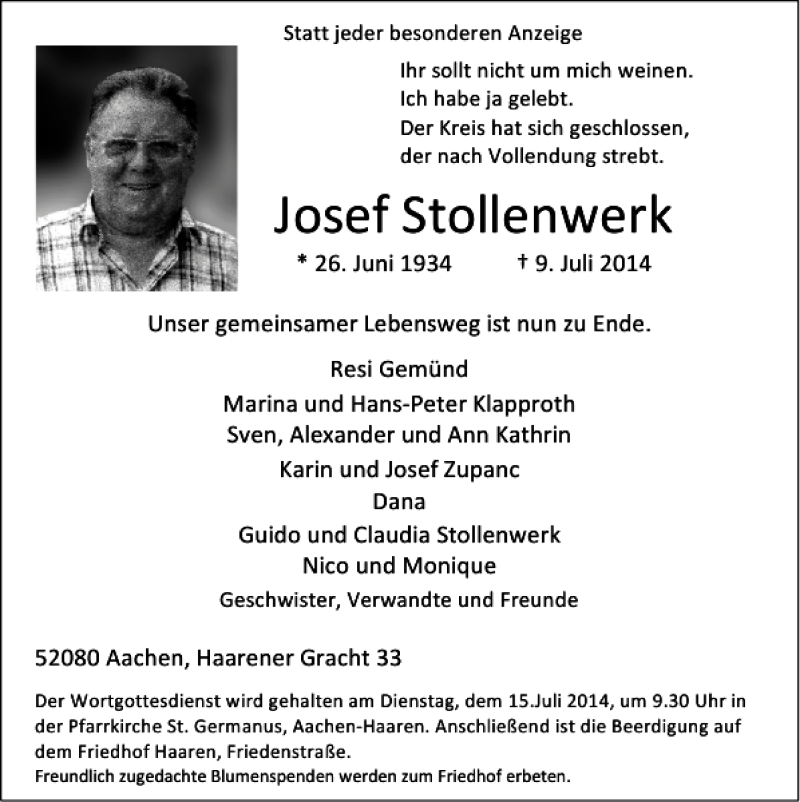  Traueranzeige für Josef Stollenwerk vom 13.07.2014 aus Super Sonntag / Super Mittwoch