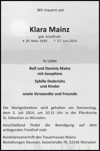 Traueranzeige von Klara Mainz von Super Sonntag / Super Mittwoch