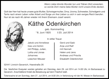 Traueranzeige von Käthe Odenkirchen von Aachener Zeitung / Aachener Nachrichten
