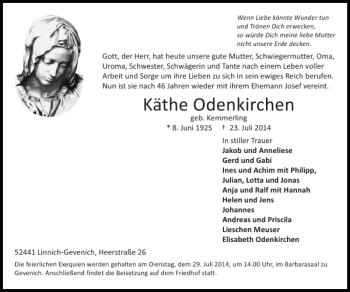 Traueranzeige von Käthe Odenkirchen von Super Sonntag / Super Mittwoch