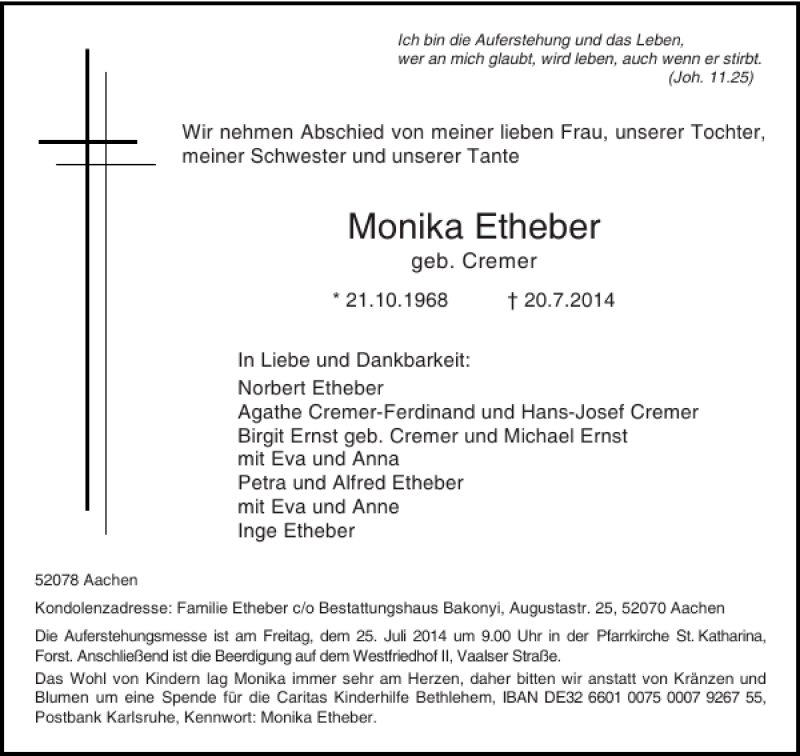  Traueranzeige für Monika Etheber vom 23.07.2014 aus Aachener Zeitung / Aachener Nachrichten