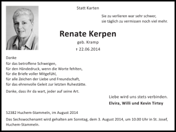 Traueranzeige von Renate Kerpen von Super Sonntag / Super Mittwoch