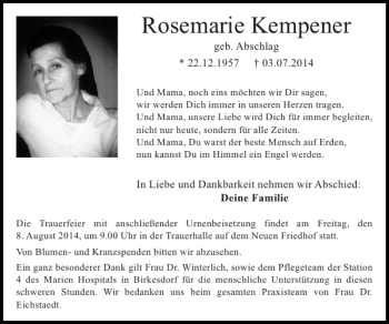 Traueranzeige von Rosemarie Kempener von Super Sonntag / Super Mittwoch