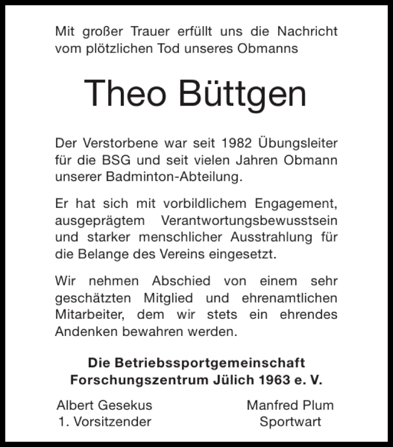  Traueranzeige für Theo Büttgen vom 13.07.2014 aus Super Sonntag / Super Mittwoch