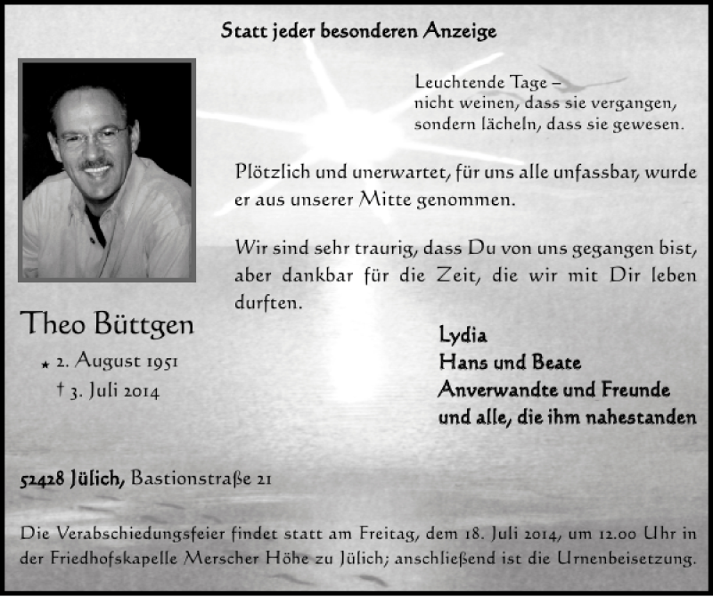  Traueranzeige für Theo Büttgen vom 13.07.2014 aus Super Sonntag / Super Mittwoch