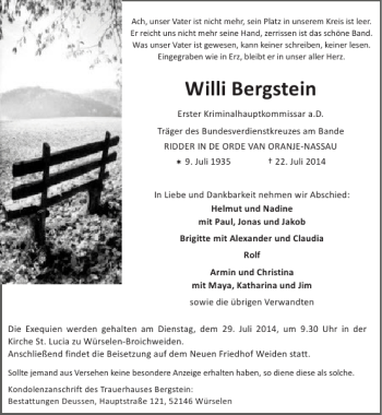 Traueranzeige von Willi Bergstein von Super Sonntag / Super Mittwoch