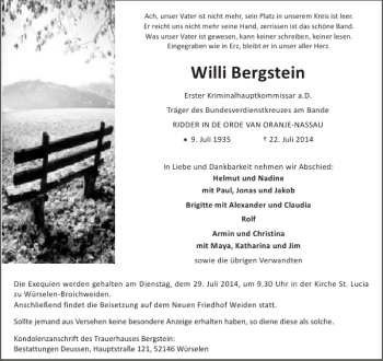 Traueranzeige von Willi Bergstein von Aachener Zeitung / Aachener Nachrichten